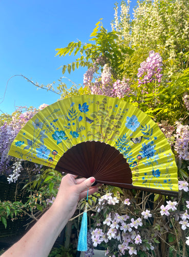 Bright yellow  'Luciferin' silk folding hand fan with flowers and mushroom painted artwork
