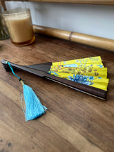 Load image into Gallery viewer, Bright yellow  &#39;Luciferin&#39; silk folding hand fan with flowers and mushroom painted artwork