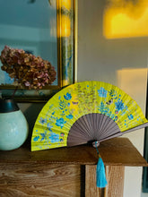 Load image into Gallery viewer, Bright yellow  &#39;Luciferin&#39; silk folding hand fan with flowers and mushroom painted artwork