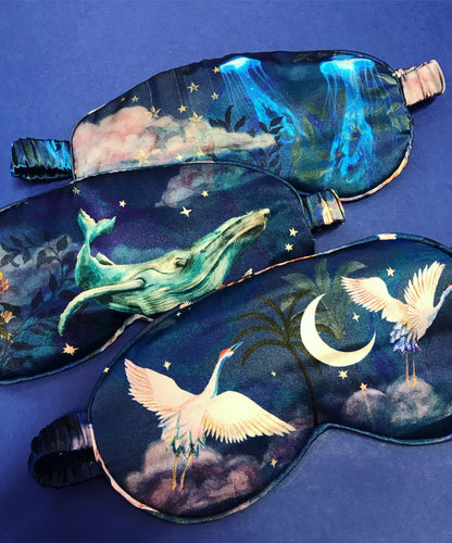 Navy Silk eye masks for sleep or meditation in beautiful 'wonderous print' hand painted designs