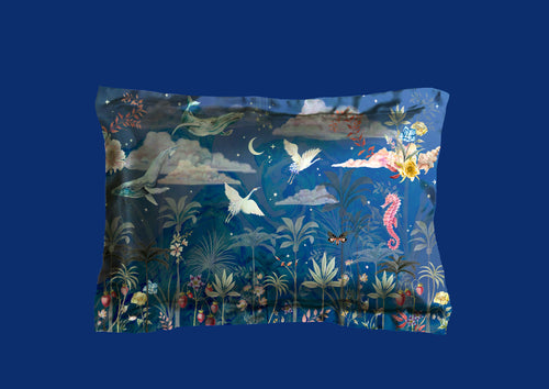 Blue Silk Pillowcase in hand painted 'Wonderous' print, Oxford Pillowcase