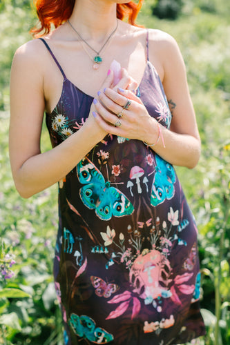 Butterfly 'Nectar' print silk slip dress with crystals and mushrooms