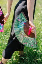Load image into Gallery viewer, Green hand-held silk fan with &#39;Greenery&#39; mushroom and crystal botanical artwork