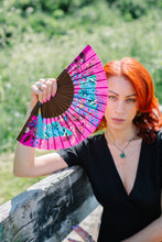 Load image into Gallery viewer, Hot pink 'Fuchsia' silk folding hand fan with butterfly and mushroom painted artwork
