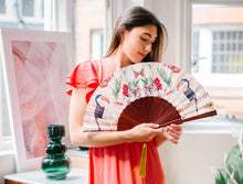 Load image into Gallery viewer, Floral Silk Fan with Toucan design and luxurious Gold tassel, part of the Mysa Collection