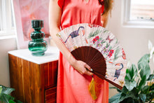Load image into Gallery viewer, Floral Silk Fan with Toucan design and luxurious Gold tassel, part of the Mysa Collection