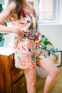 Silk sleep Shorts in 'Eden' Tropical floral Print with Toucan, luxury lounge wear