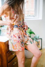 Load image into Gallery viewer, Silk sleep Shorts in &#39;Eden&#39; Tropical floral Print with Toucan, luxury lounge wear