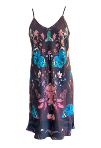 Butterfly 'Nectar' print silk slip dress with crystals and mushrooms