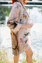 Load image into Gallery viewer, Silk &#39;Mirage&#39; Kimono Jacket, handmade and unique illustrations size S/M- luxury lounging or evening wear by Alice Acreman Silks