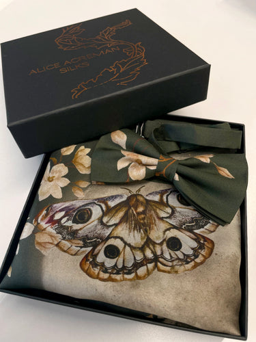 Green floral Silk Pocket Square and Bow tie in 'Forest' moth print