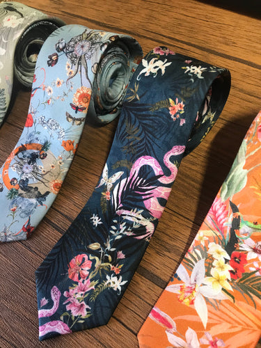Express shipping included:  Navy Blue Silk Tie, 'Enticement' Pink Serpent design and tropical flowers, perfect groomsmen tie