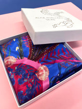 Load image into Gallery viewer, Royal blue ‘Flourish’ floral silk scarf with sunflowers and wildflowers