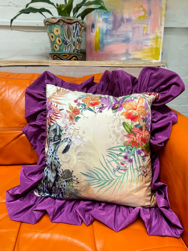 Silk wild cat and tropical print 'Panthera' cushion with big magenta frill trim