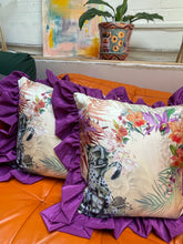 Load image into Gallery viewer, Silk wild cat and tropical print &#39;Panthera&#39; cushion with big magenta frill trim
