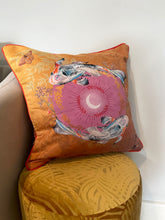 Load image into Gallery viewer, Koi watercolour art Cushion 'Golden pool' double sided design with fish illustration, made from Vegan friendly Suede