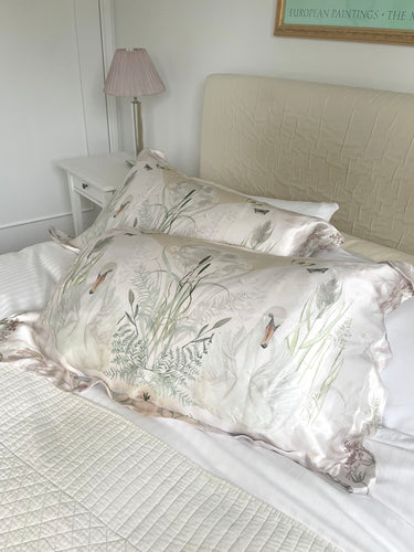 Cream and neutral Silk Pillowcase in hand painted 'Graceful' print, Oxford style Pillowcase