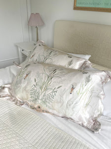 Cream and neutral Silk Pillowcase in hand painted 'Graceful' print, Oxford style Pillowcase
