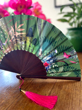 Load image into Gallery viewer, Green hand-held silk fan with &#39;Greenery&#39; mushroom and crystal botanical artwork