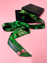 Load image into Gallery viewer, Green Silk satin 'Greenery' floral slinky silk scarf with insects and gem stones