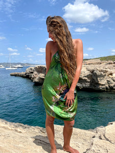 NEW 'Evissa' Large green silk scarf with mushroom and crystal print