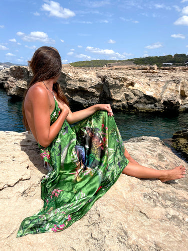 NEW 'Evissa' Large green silk scarf with mushroom and crystal print