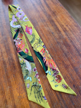 Load image into Gallery viewer, Golden Yellow &#39;Skinny&#39; Silk scarf in the botanical  &#39;Enticement&#39; Print, delicate, lightweight scarf accessory