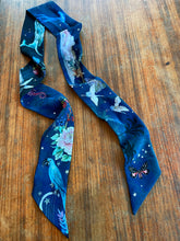 Load image into Gallery viewer, Navy &#39;Skinny&#39; Silk scarf in the botanical  &#39;Wonderous&#39; Print, delicate, lightweight scarf accessory
