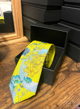 Load image into Gallery viewer, Vibrant yellow and pale blue ‘Luciferin’ floral silk tie