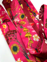 Load image into Gallery viewer, NEW pink Silk satin &#39;Mirasol&#39; Ultra Skinny silk scarf with sunflowers