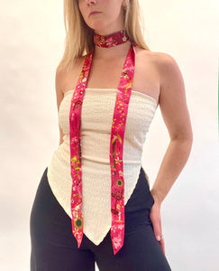 Hot pink Silk satin 'Mirasol' Ultra Skinny silk scarf with sunflowers