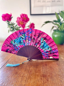 Hot pink 'Fuchsia' silk folding hand fan with butterfly and mushroom painted artwork