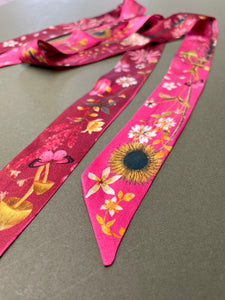 NEW pink Silk satin 'Mirasol' Ultra Skinny silk scarf with sunflowers