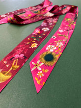 Load image into Gallery viewer, Hot pink Silk satin &#39;Mirasol&#39; Ultra Skinny silk scarf with sunflowers