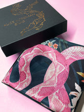Load image into Gallery viewer, Dark blue Luxury Silk Pocket Square 'Enticement' print with pink snake