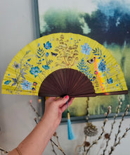Load image into Gallery viewer, Bright yellow  &#39;Luciferin&#39; silk folding hand fan with flowers and mushroom painted artwork