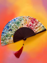 Load image into Gallery viewer, Colourful Silk folding hand fan &#39;kaleido-bloom&#39; print with floral &amp; nature filled rainbow design