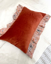 Load image into Gallery viewer, Rust colour velvet rectangular cushion with &#39;Mirage&#39; print silk frill trim