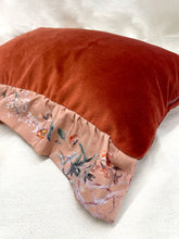 Load image into Gallery viewer, Rust colour velvet rectangular cushion with &#39;Mirage&#39; print silk frill trim