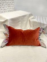 Load image into Gallery viewer, Rust colour velvet rectangular cushion with silk frill trim