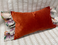 Load image into Gallery viewer, Rust colour velvet rectangular cushion with silk frill trim
