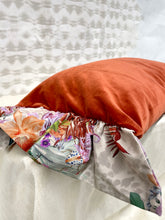Load image into Gallery viewer, Rust colour velvet rectangular cushion with silk frill trim
