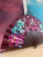 Load image into Gallery viewer, Silk folding hand fan 'serindipity' print with floral &amp; nature filled