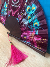 Load image into Gallery viewer, Silk folding hand fan 'serindipity' print with floral &amp; nature filled