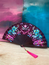 Load image into Gallery viewer, Silk folding hand fan 'serindipity' print with floral &amp; nature filled