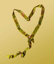 Load image into Gallery viewer, Ochre yellow Silk satin 'Helios' Ultra Skinny silk scarf with mushrooms and sunflowers