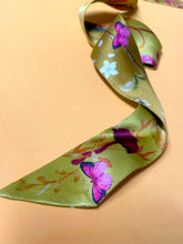 Load image into Gallery viewer, Ochre yellow Silk satin 'Helios' Ultra Skinny silk scarf with mushrooms and sunflowers