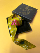 Load image into Gallery viewer, Ochre yellow Silk satin 'Helios' Ultra Skinny silk scarf with mushrooms and sunflowers