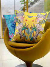 Load image into Gallery viewer, Vibrant citrus yellow watercolour art Cushion &#39;Stallion&#39; double sided Zebra design, made from Vegan friendly Suede