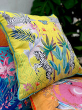 Load image into Gallery viewer, Vibrant citrus yellow watercolour art Cushion &#39;Stallion&#39; double sided Zebra design, made from Vegan friendly Suede